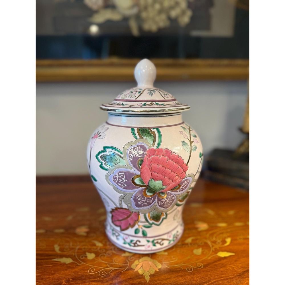 Vintage Floral Ginger Jar • Hand Painted Porcelain Lidded Vase Decor 10.5"